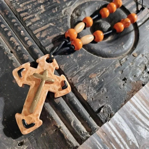 Artisan Christian Cross Unglazed Clay Lt Sienna Multicolor OOAK Pendant Necklace - Picture 3 of 8